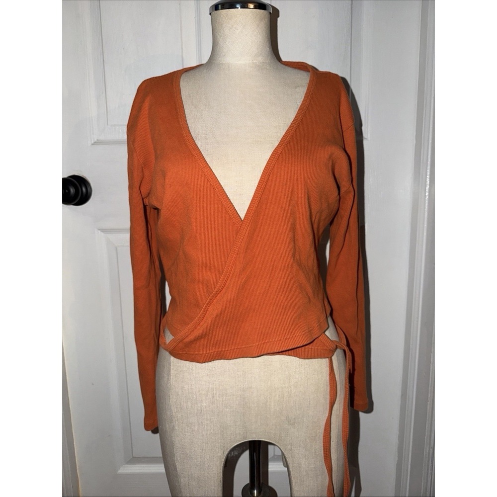 Big Bud Press 3 Many Colors Wrap Top USA  Ribbed Crop Long Sleeve Orange Sz S